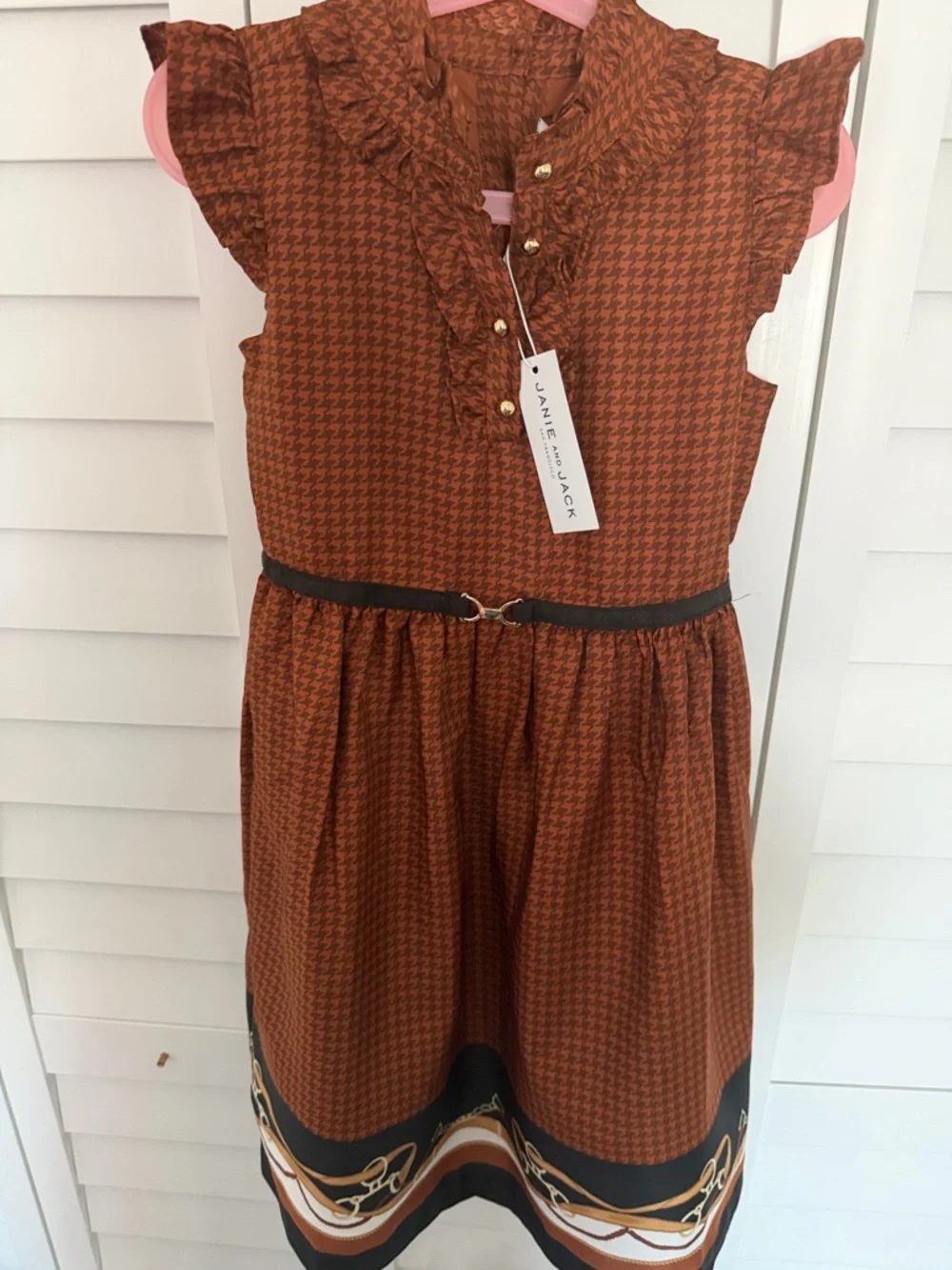Janie and Jack Rust Houndstooth Ruffle Dress with Black Belt